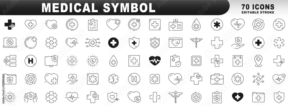 Big set of medical symbols related line icons. Cross, hospital, caduceus, aid etc. Editable stroke Big set of medical symbols related line icons. Cross, hospital, caduceus, aid etc. Editable stroke