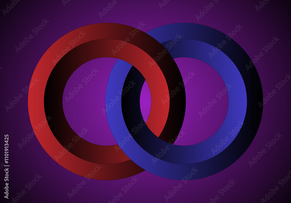 Enlace entre hombres y mujeres. Enlace hetererosexual. Aro rojo enlazado con aro azul en 3D sobre fondo morado degradado Enlace entre hombres y mujeres. Enlace hetererosexual. Aro rojo enlazado con aro azul en 3D sobre fondo morado degradado