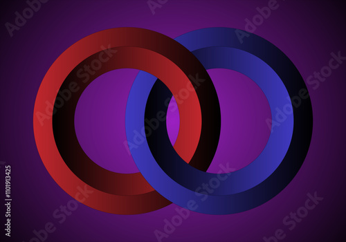 Enlace entre hombres y mujeres. Enlace hetererosexual. Aro rojo enlazado con aro azul en 3D sobre fondo morado degradado
