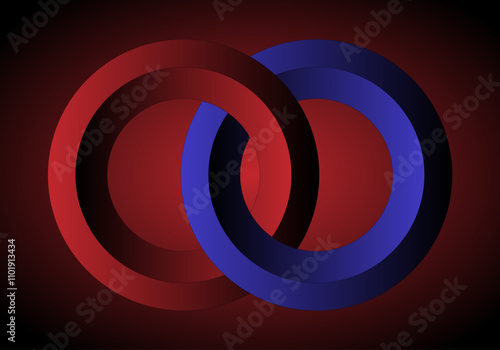 Enlace rojo y azul sobre fondo degradado rojo. Unión pasional. Enlace heterosexual. 2 aros enlazados en degradado rojo, azul y negro