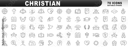 Big set of christian related line icon set. Cross, bible, christmas, easter, dove etc. Editable stroke