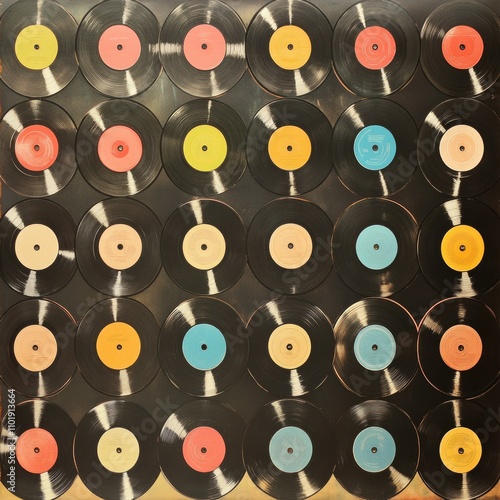 Vinyl record wall. retro illustration, 1950s