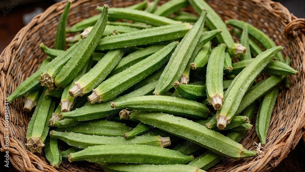 Freshly picked okra pods in a rustic basket showcasing vibrant green colors Freshly picked okra pods in a rustic basket showcasing vibrant green colors