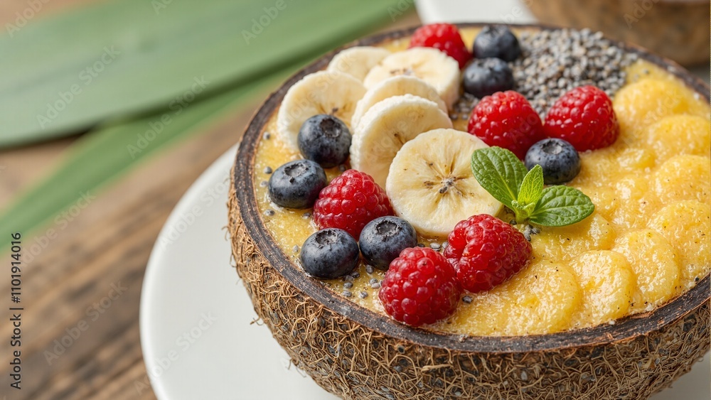 Colorful tropical smoothie bowl in coconut shell topped with chia seeds and berries Colorful tropical smoothie bowl in coconut shell topped with chia seeds and berries