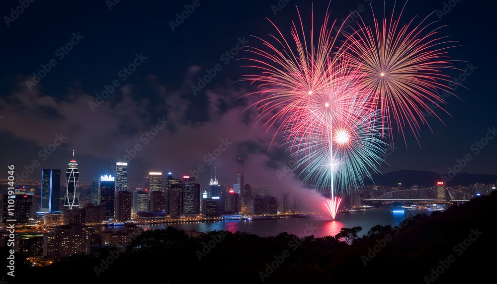 Vibrant fireworks over modern city skyline at night, festive atmosphere with reflections on river Vibrant fireworks over modern city skyline at night, festive atmosphere with reflections on river