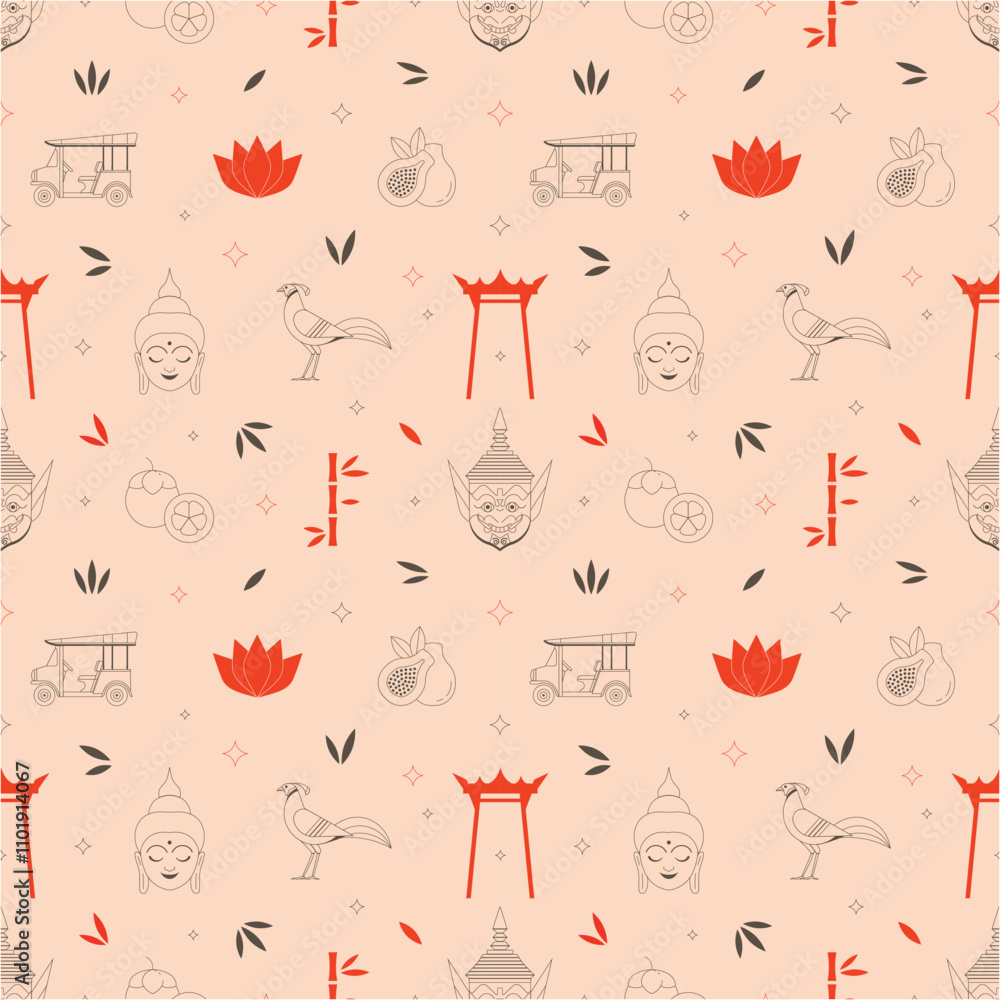 Travel to Asia and Thailand Line Art Pattern