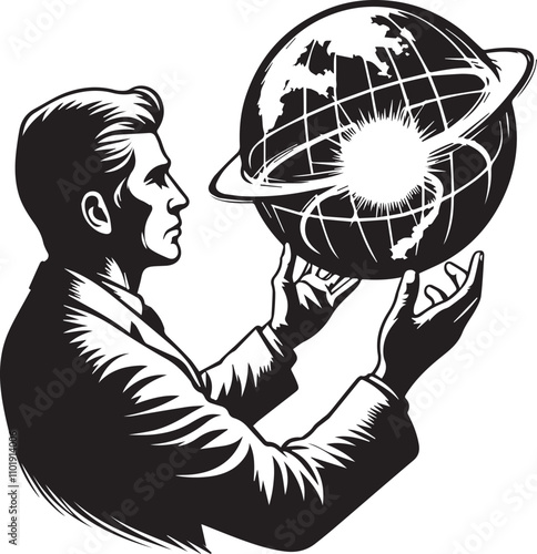 Scientist Examining a Cosmic Mystery with a Magnifying Glass. A black and white illustration of a scientist in a lab coat, seated and intently examining a swirling galaxy-like sphere through a magnify