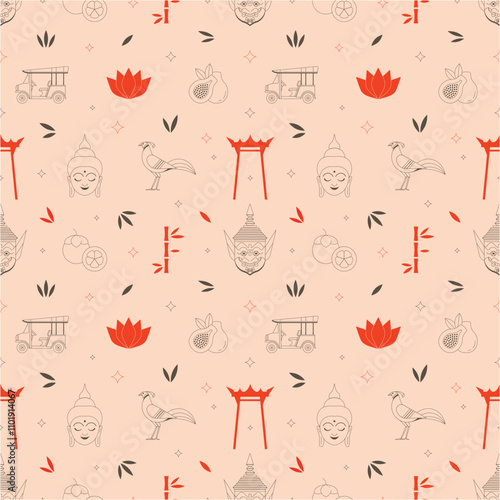 Obraz na płótnie Travel to Asia and Thailand Line Art Pattern w salonie