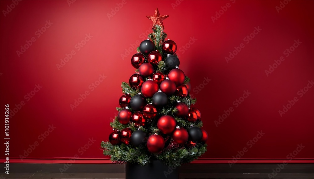 A festive Christmas tree was created with bright red and black ornaments against a bold red_1(214) A festive Christmas tree was created with bright red and black ornaments against a bold red_1(214)