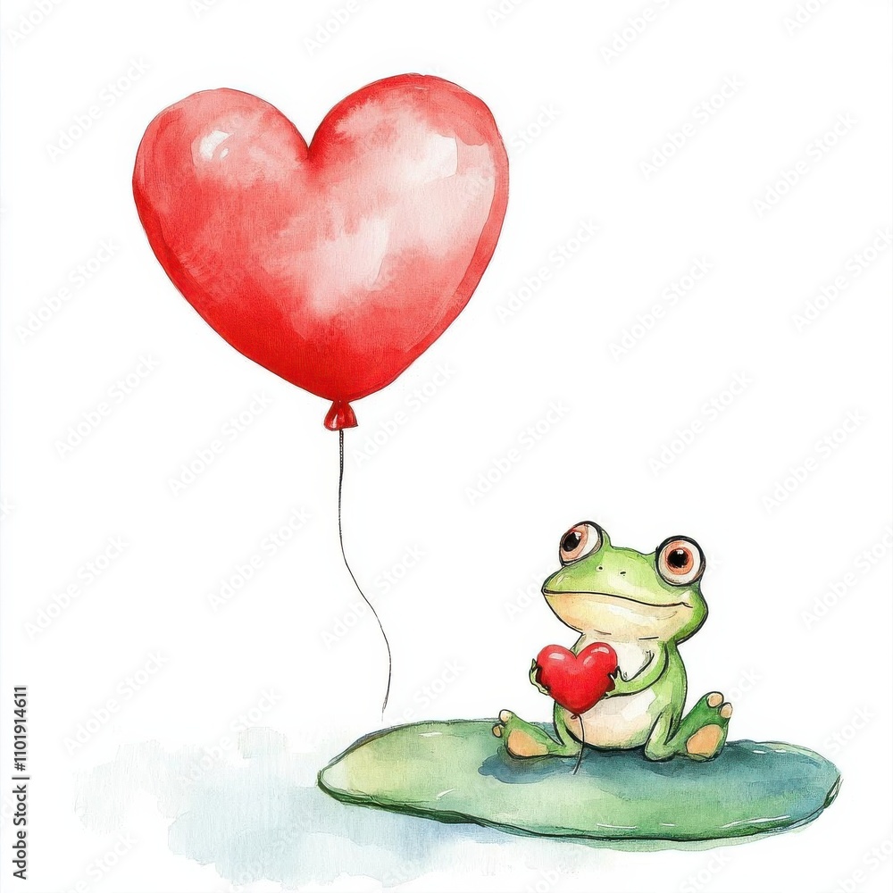Watercolor illustration clipart of a cheerful puppy tugging on a string tied to a red heart balloon, isolate on white background. Watercolor illustration clipart of a cheerful puppy tugging on a string tied to a red heart balloon, isolate on white background.