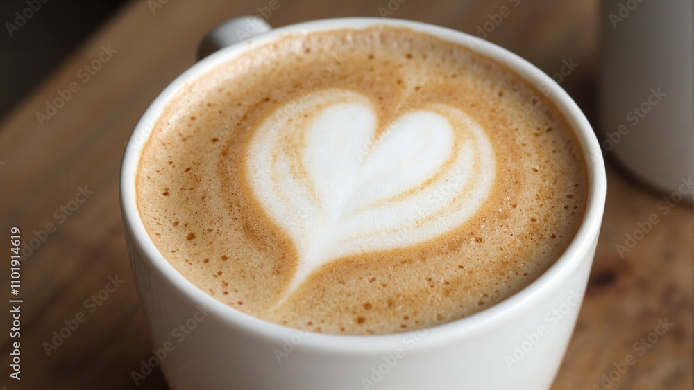 Elegant vanilla latte with heart foam art in ceramic mug Elegant vanilla latte with heart foam art in ceramic mug
