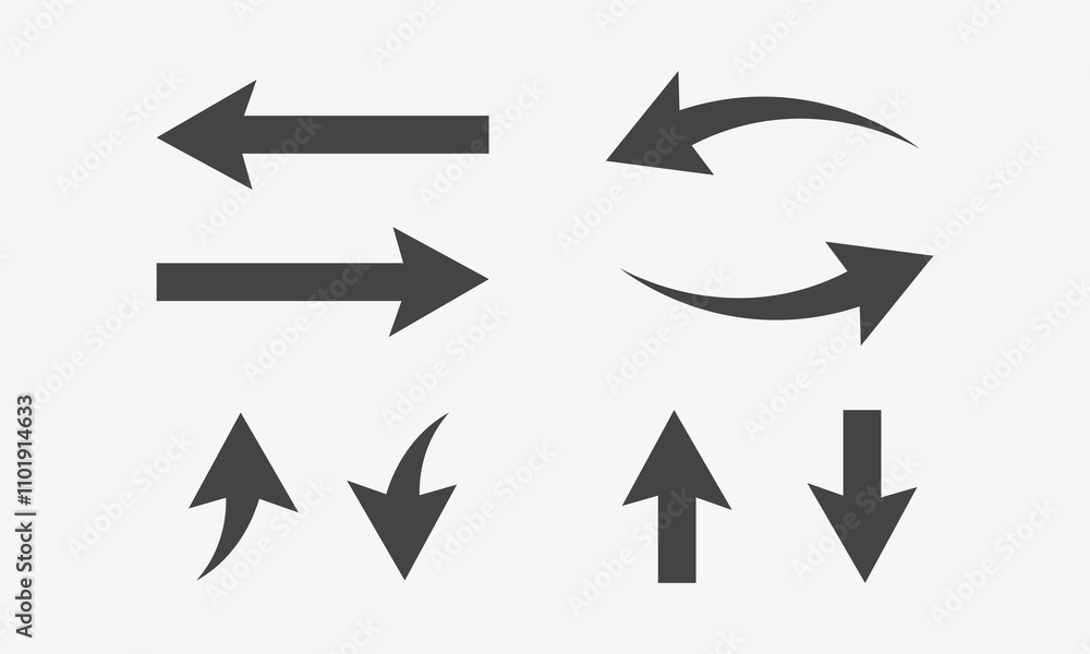 Black Curved and straight arrow icon set. Collection of horizontal long arrows, right and left side. Direction signs. Vector illustration Black Curved and straight arrow icon set. Collection of horizontal long arrows, right and left side. Direction signs. Vector illustration