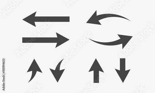 Black Curved and straight arrow icon set. Collection of horizontal long arrows, right and left side. Direction signs. Vector illustration