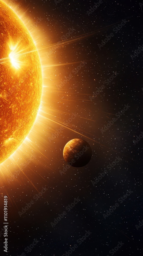 Obraz premium A vibrant depiction of a glowing sun with a nearby planet, set against a backdrop of deep space and stars.