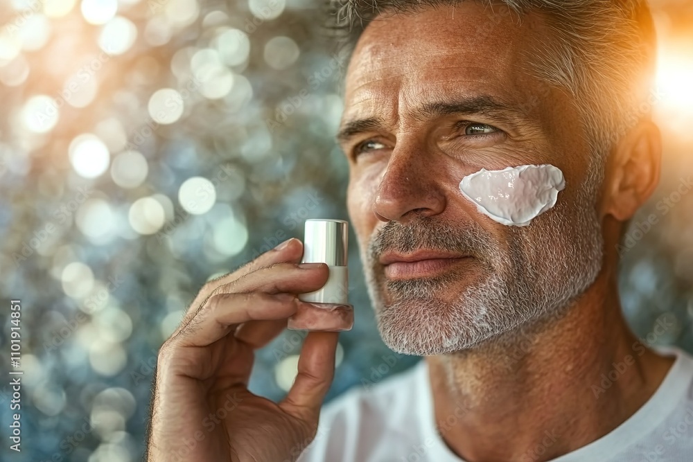 Man applying facial cream with light bokeh background Man applying facial cream with light bokeh background