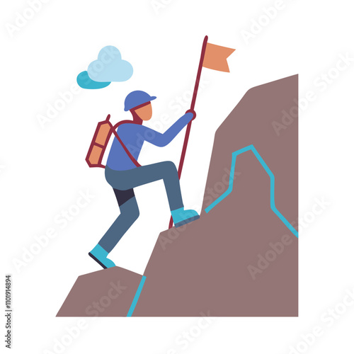Hiker climbing mountain with flag icon