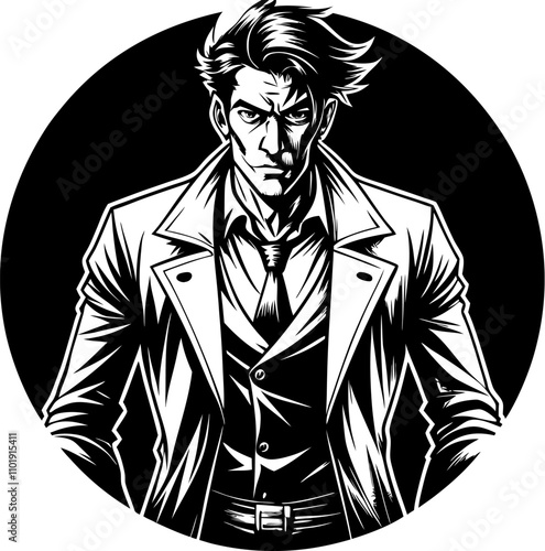 Dramatic black and white illustration of a serious man with intense expression, wearing a collared shirt in retro comics style
