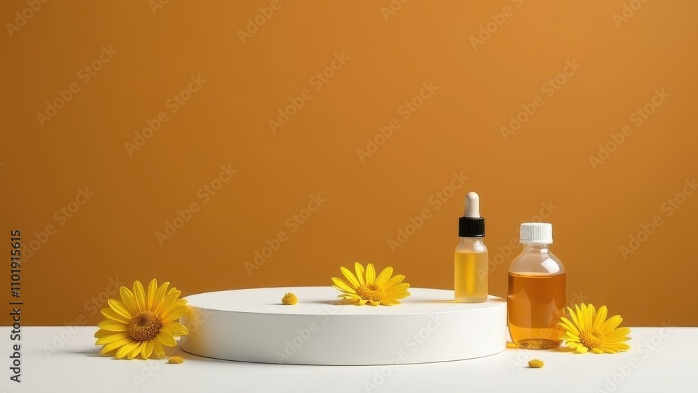 Fashionable background with natural skin care bottles. Product presentation on a yellow background with flowers. Concept of cosmetics, serum, body oil Fashionable background with natural skin care bottles. Product presentation on a yellow background with flowers. Concept of cosmetics, serum, body oil