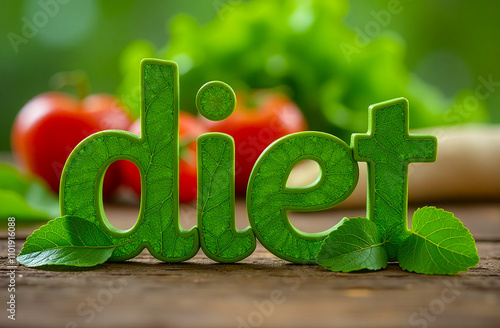 Against the background of vegetables and fruits, the inscription in large letters is laid out - Diet photo