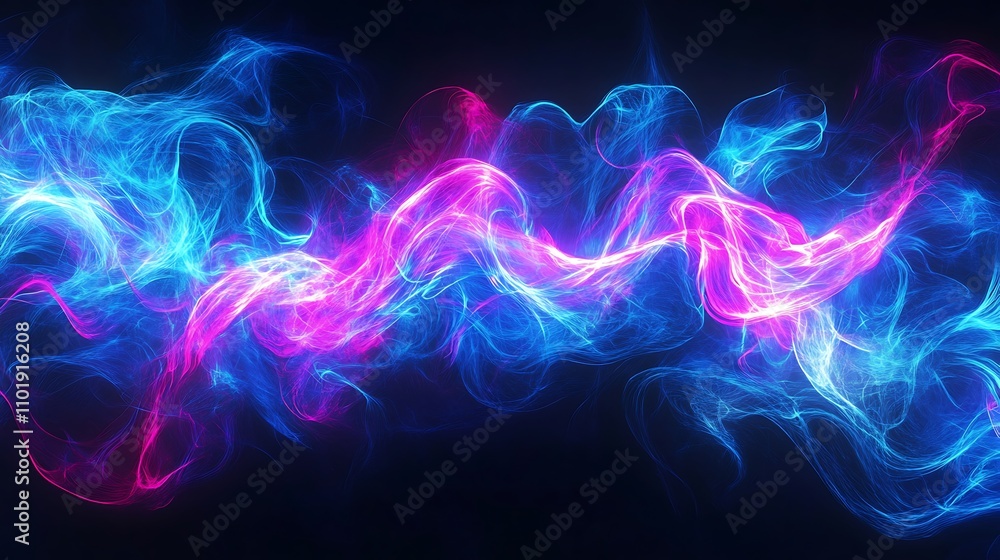 Vibrant neon wave pattern creating an electric ambiance in a dark setting Vibrant neon wave pattern creating an electric ambiance in a dark setting