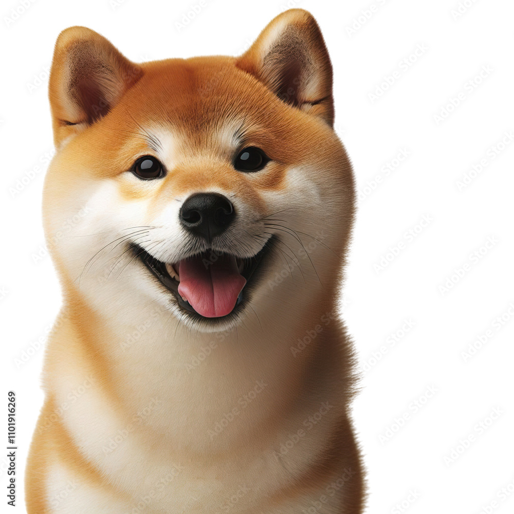 Obraz premium Portrait Smiling Shiba Inu dog, approximately one year old, sits prominently in a close-up shot, looking slightly to the side against, white isolated background PNG