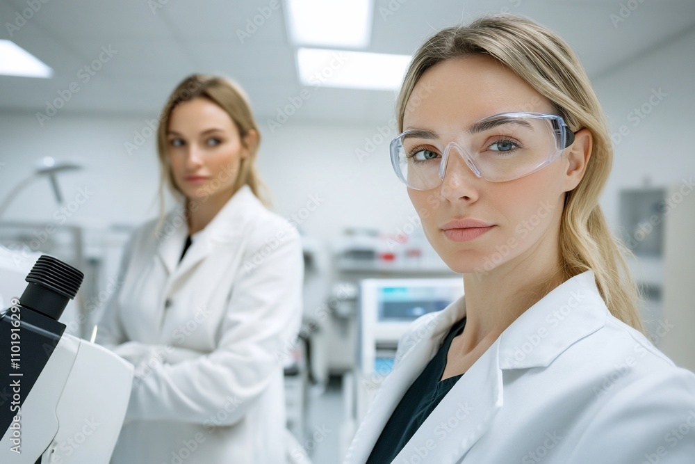 Two female scientists in a lab, one in focus. Two female scientists in a lab, one in focus.
