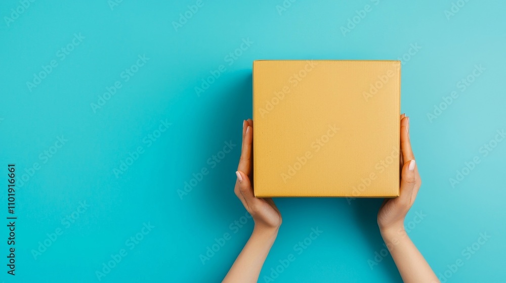 A person holds a brown box against a bright blue background, suggesting themes of delivery, packaging, or surprise. A person holds a brown box against a bright blue background, suggesting themes of delivery, packaging, or surprise.