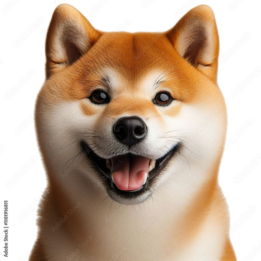 Portrait Smiling Shiba Inu dog, approximately one year old, sits prominently in a close-up shot, looking slightly to the side against, white isolated background PNG Portrait Smiling Shiba Inu dog, approximately one year old, sits prominently in a close-up shot, looking slightly to the side against, white isolated background PNG