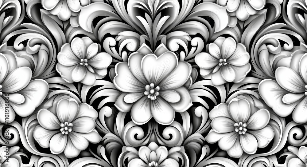 Wallpaper with a Baroque-inspired style. A seamless modern backdrop. Features white and grey floral patterns. Suitable as a graphic pattern for fabric, wallpaper, and packaging. Includes an ornate Wallpaper with a Baroque-inspired style. A seamless modern backdrop. Features white and grey floral patterns. Suitable as a graphic pattern for fabric, wallpaper, and packaging. Includes an ornate