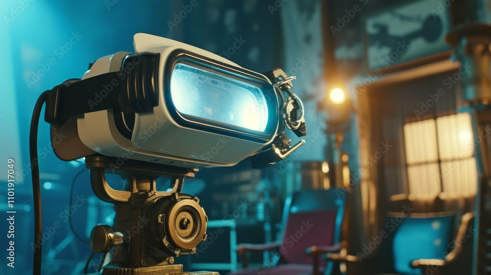 A close-up of retro-style virtual reality goggles placed atop an antique projector. The scene blends vintage and futuristic elements, creating a nostalgic yet forward-looking atmosphere in a dimly lit A close-up of retro-style virtual reality goggles placed atop an antique projector. The scene blends vintage and futuristic elements, creating a nostalgic yet forward-looking atmosphere in a dimly lit