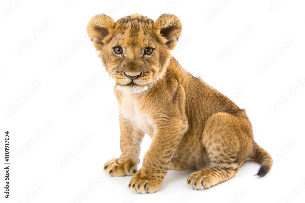 Obraz premium A young lion sits calmly on a white surface, awaiting its next move