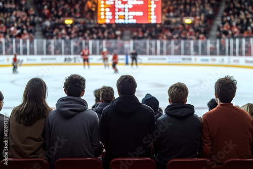 Back view of audience enjoying hockey game in arena