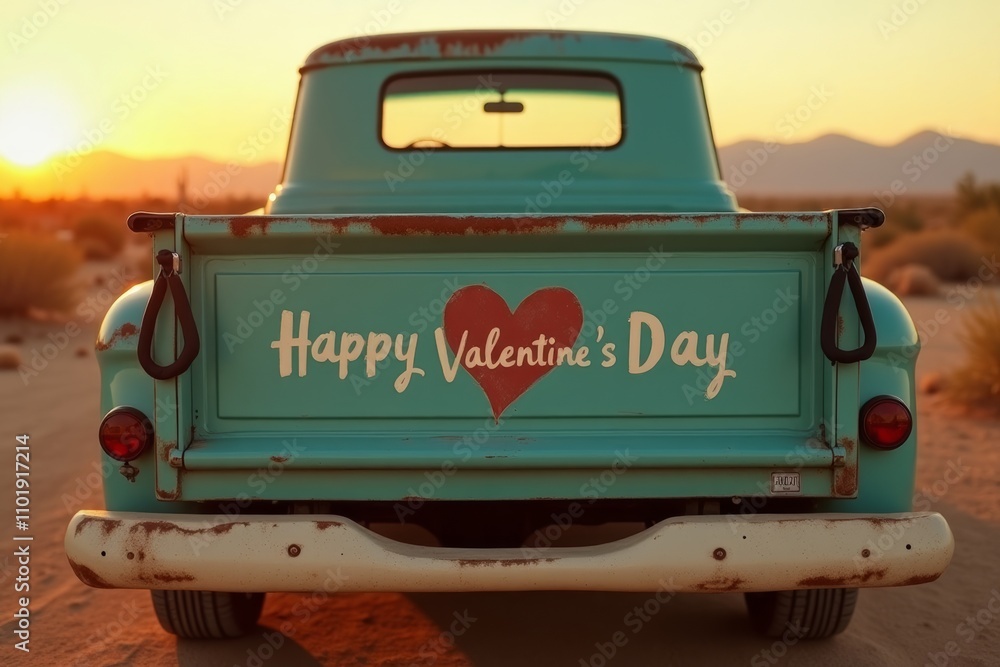 Vintage truck, Valentine's Day. Retro turquoise pickup truck with