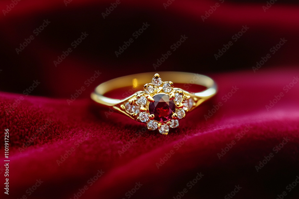 Elegant gold ring with ruby and diamond accents on velvet Elegant gold ring with ruby and diamond accents on velvet