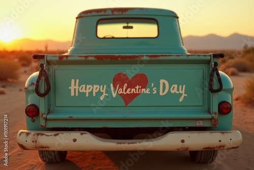 Obraz na płótnie Vintage truck, Valentine's Day. Retro turquoise pickup truck with