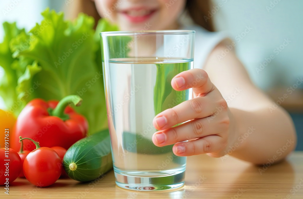 A child holds a glass of water to the camera against a background of fresh vegetables, symbolizing a healthy lifestyle and proper nutrition. A child holds a glass of water to the camera against a background of fresh vegetables, symbolizing a healthy lifestyle and proper nutrition.