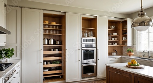 Hidden kitchen designs with retractable doors concealing appliances