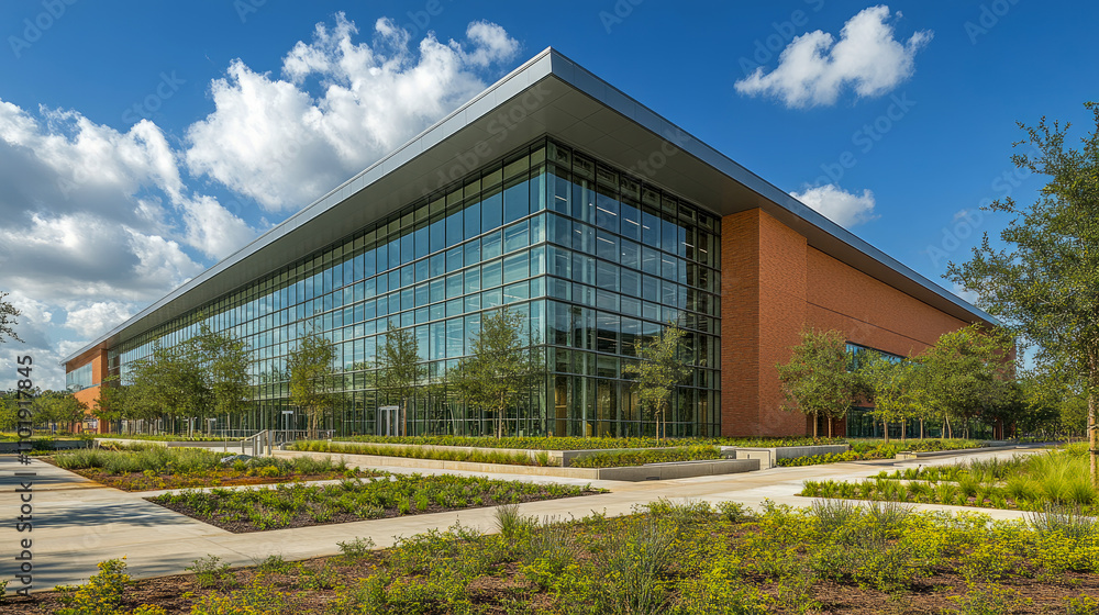 This building features a contemporary design with a glass exterior and landscaped surroundings, set against a bright, partially cloudy sky This building features a contemporary design with a glass exterior and landscaped surroundings, set against a bright, partially cloudy sky
