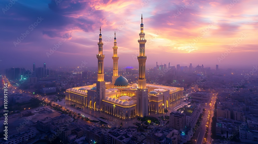 Fototapeta premium A grand mosque amidst city lights with a glowing evening sky backdrop