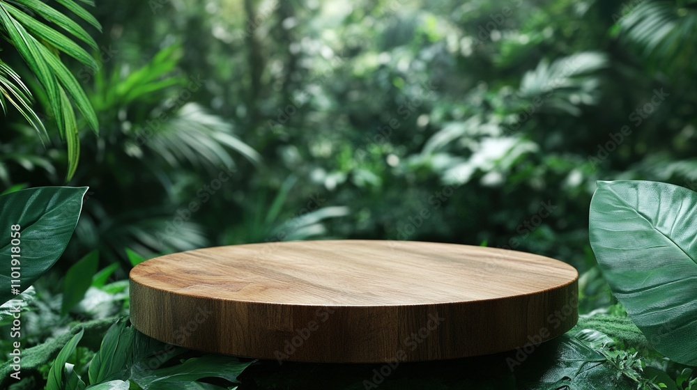 Tropical Wood Tabletop Podium Surrounded by Lush Greenery Tropical Wood Tabletop Podium Surrounded by Lush Greenery