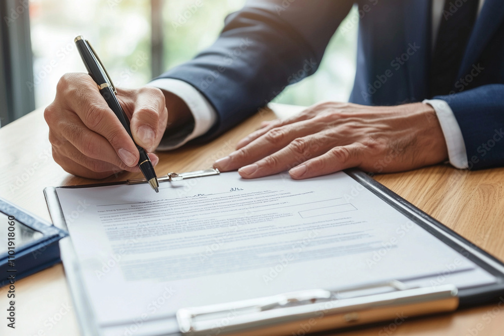 Business professional signing a document at a modern office desk Business professional signing a document at a modern office desk
