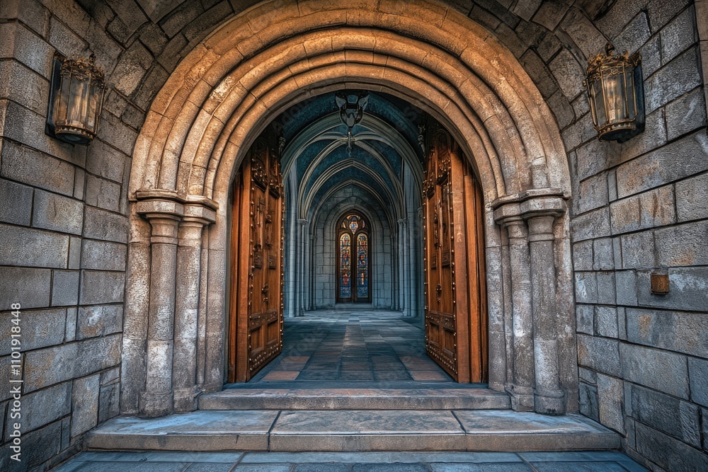 Fototapeta premium A long hallway with arched doors leading into a building, suitable for corporate or educational settings