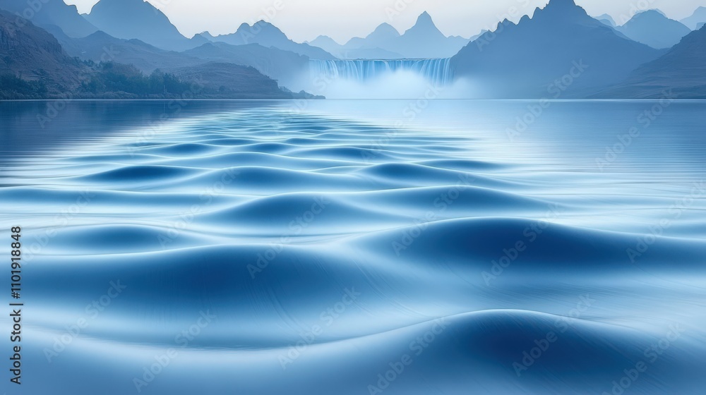 A serene landscape featuring gentle water ripples and a distant waterfall amidst mountains. A serene landscape featuring gentle water ripples and a distant waterfall amidst mountains.