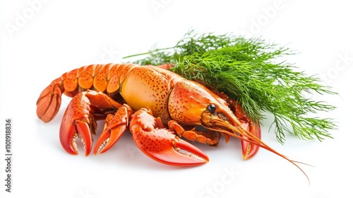 Boiled crayfish with dill isolated on white background photo