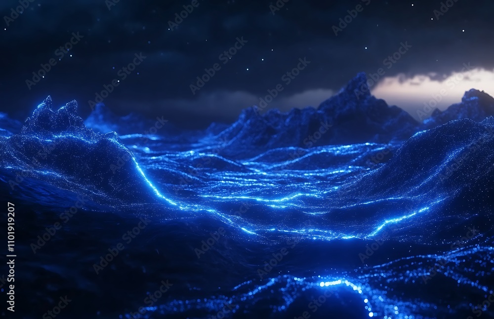 Fototapeta premium Glowing digital seascape with luminous waves under a dark sky during twilight