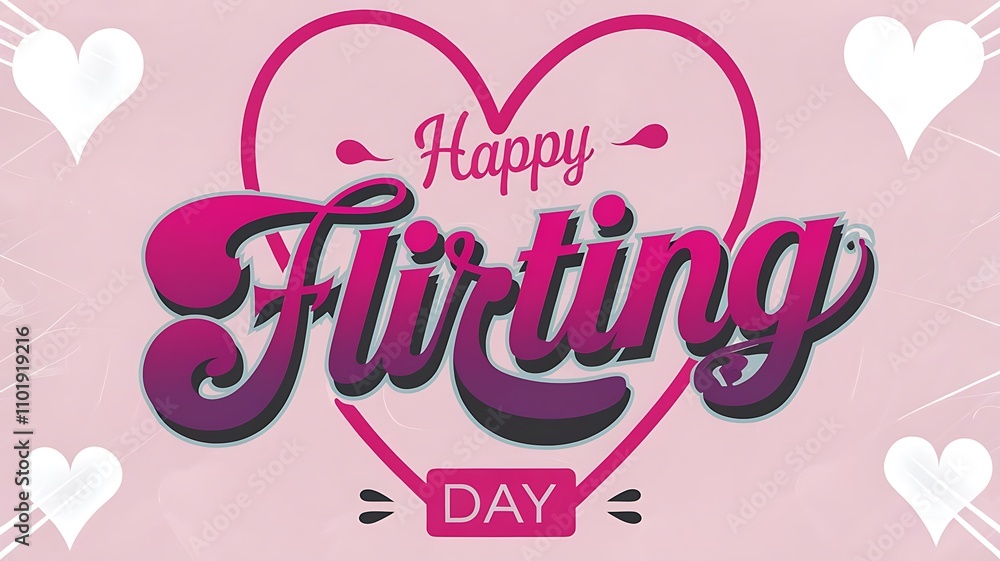 Naklejka premium Playful Flirting Day Greeting Card with Bold Magenta Heart Outline and Pastel Pink Background