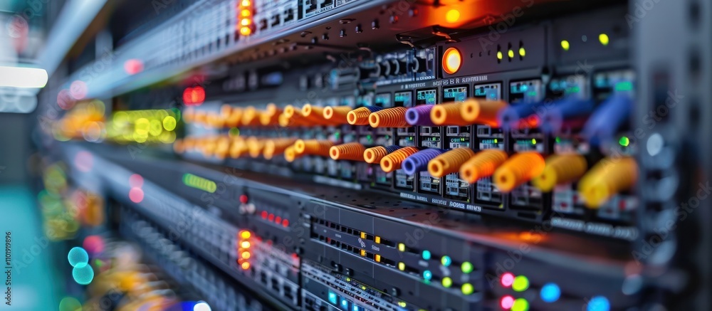 Rows of modular server racks and communication equipment in a futuristic data center or server room Rows of modular server racks and communication equipment in a futuristic data center or server room