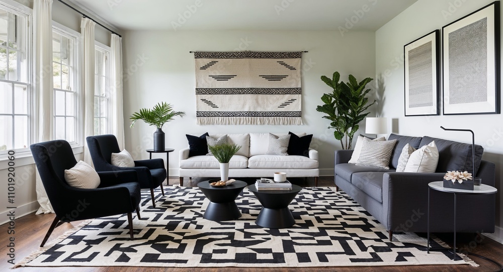 Living spaces with simple geometric rugs and monochromatic furnishings Living spaces with simple geometric rugs and monochromatic furnishings