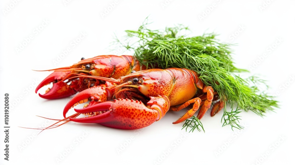 Boiled crayfish with dill isolated on white background Boiled crayfish with dill isolated on white background