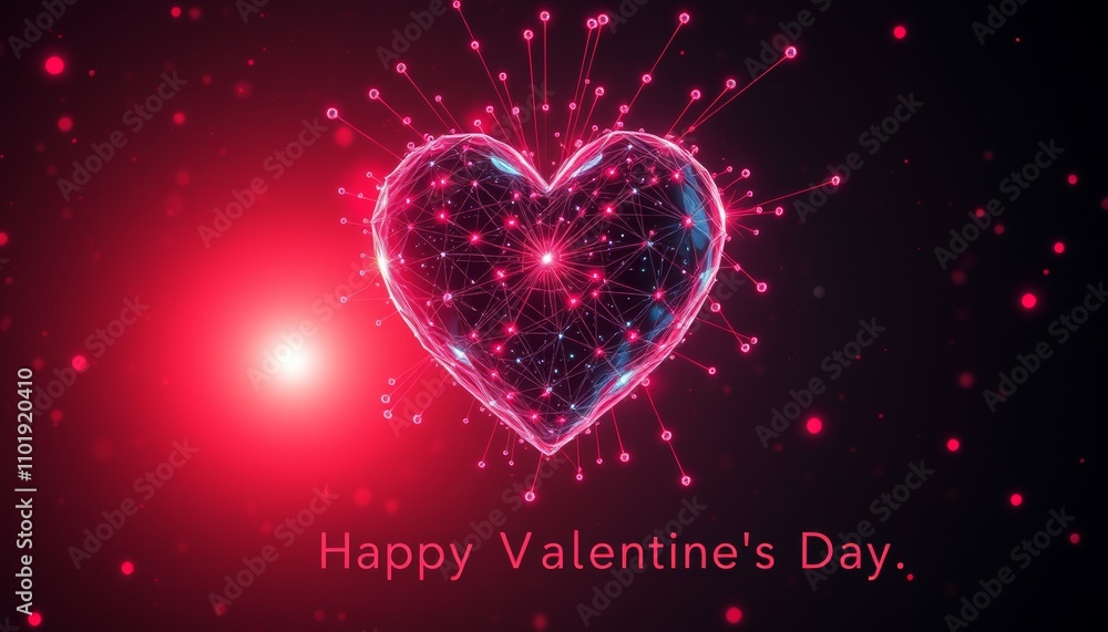 Digital Heart Network. Glowing pink heart with connected nodes and network lines on dark background with Valentine's Day text. Digital Heart Network. Glowing pink heart with connected nodes and network lines on dark background with Valentine's Day text.
